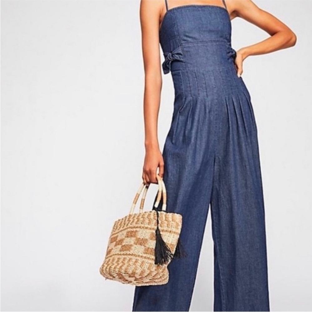 Free People Brittany Denim Wide Leg Summer Jumpsuit Spaghetti Straps